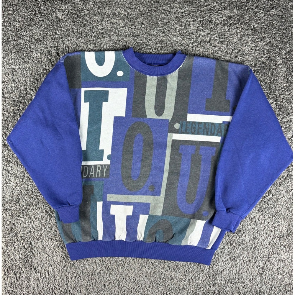 Vintage 80's IOU All Over Print Sweatshirt Blue Legendary Graphic Crewneck Med